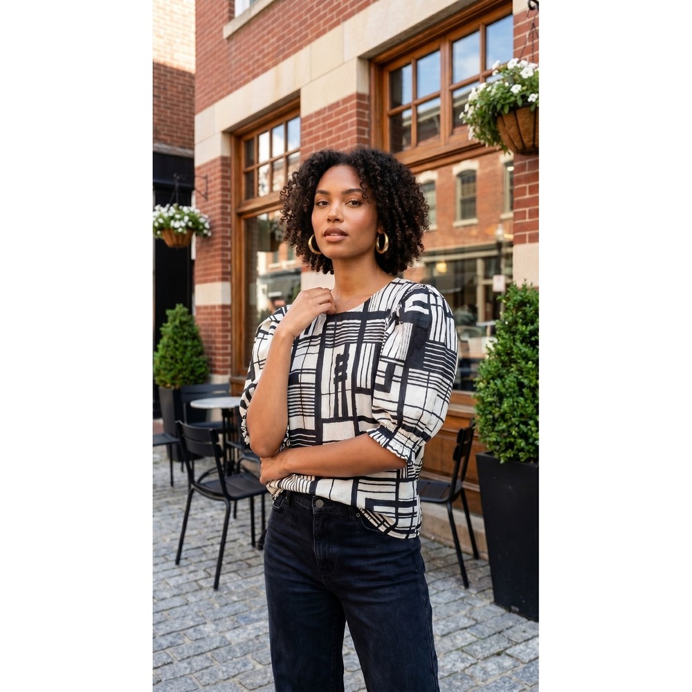 DKNY Taupe Black Abstract Print Puff Sleeve Cotton‎ Blouse Size M Preppy Career